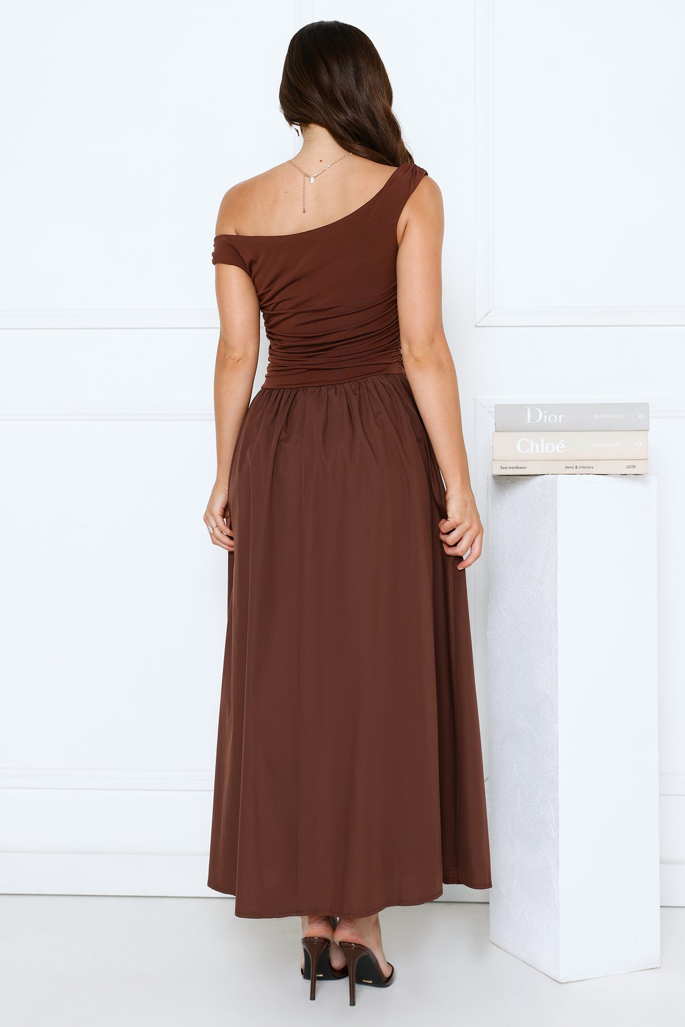 Camellia Charm Off Shoulder Maxi Dress Brown
