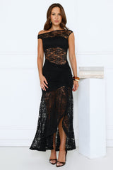 Sultry Spin Lace Off Shoulder Maxi Dress Black