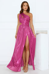 Iridescent Shimmer One Shoulder Maxi Dress Magenta