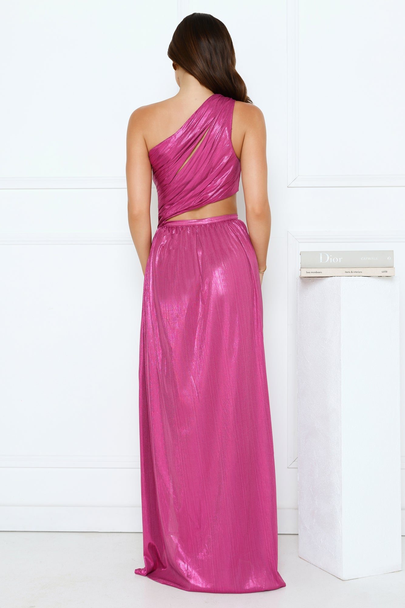 Iridescent Shimmer One Shoulder Maxi Dress Magenta