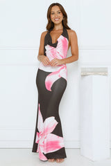 Floral Serenade Halter Maxi Dress Brown