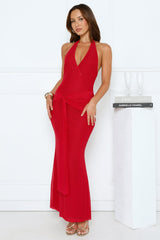 Sleek Bloom Halter Maxi Dress Red