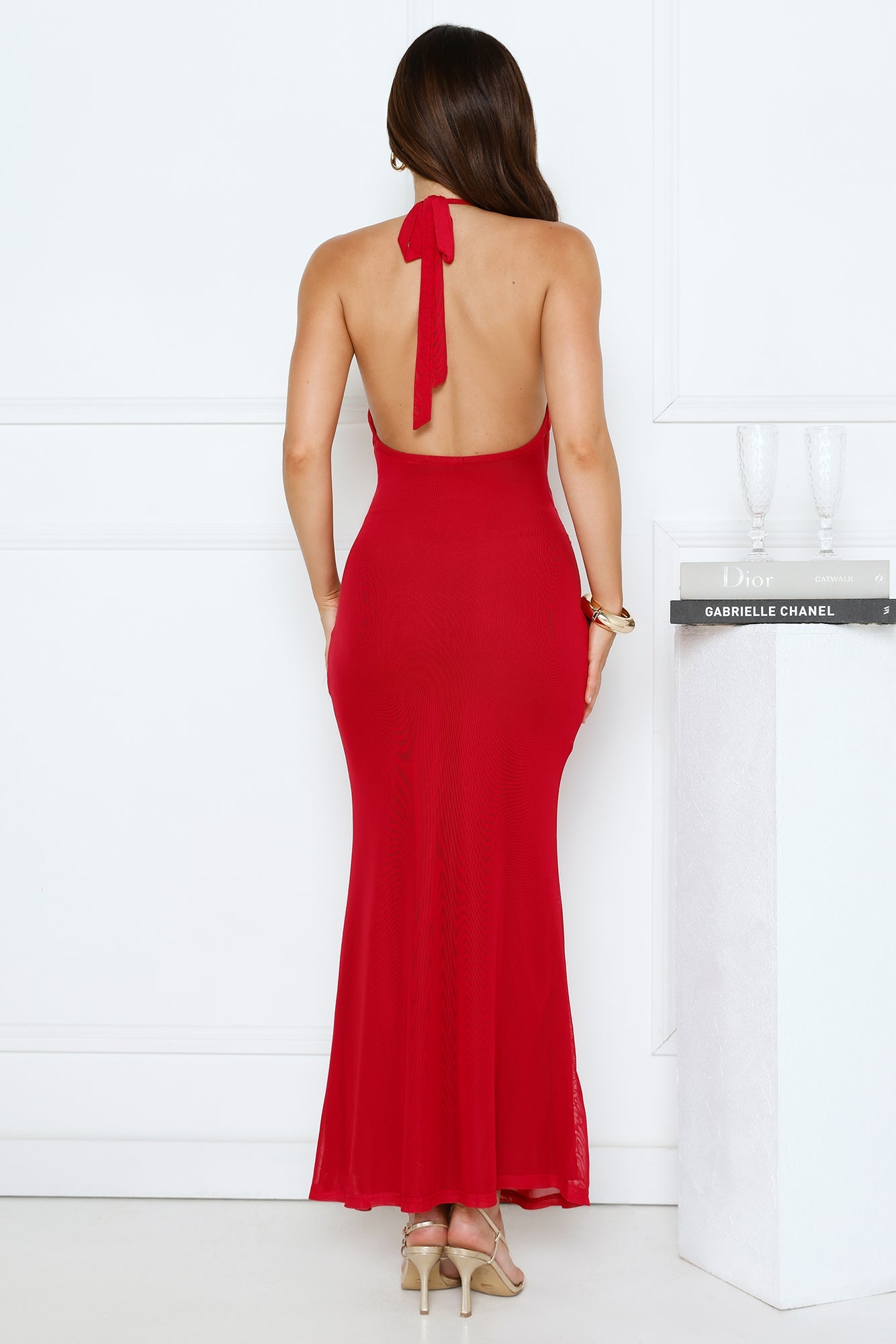Sleek Bloom Halter Maxi Dress Red