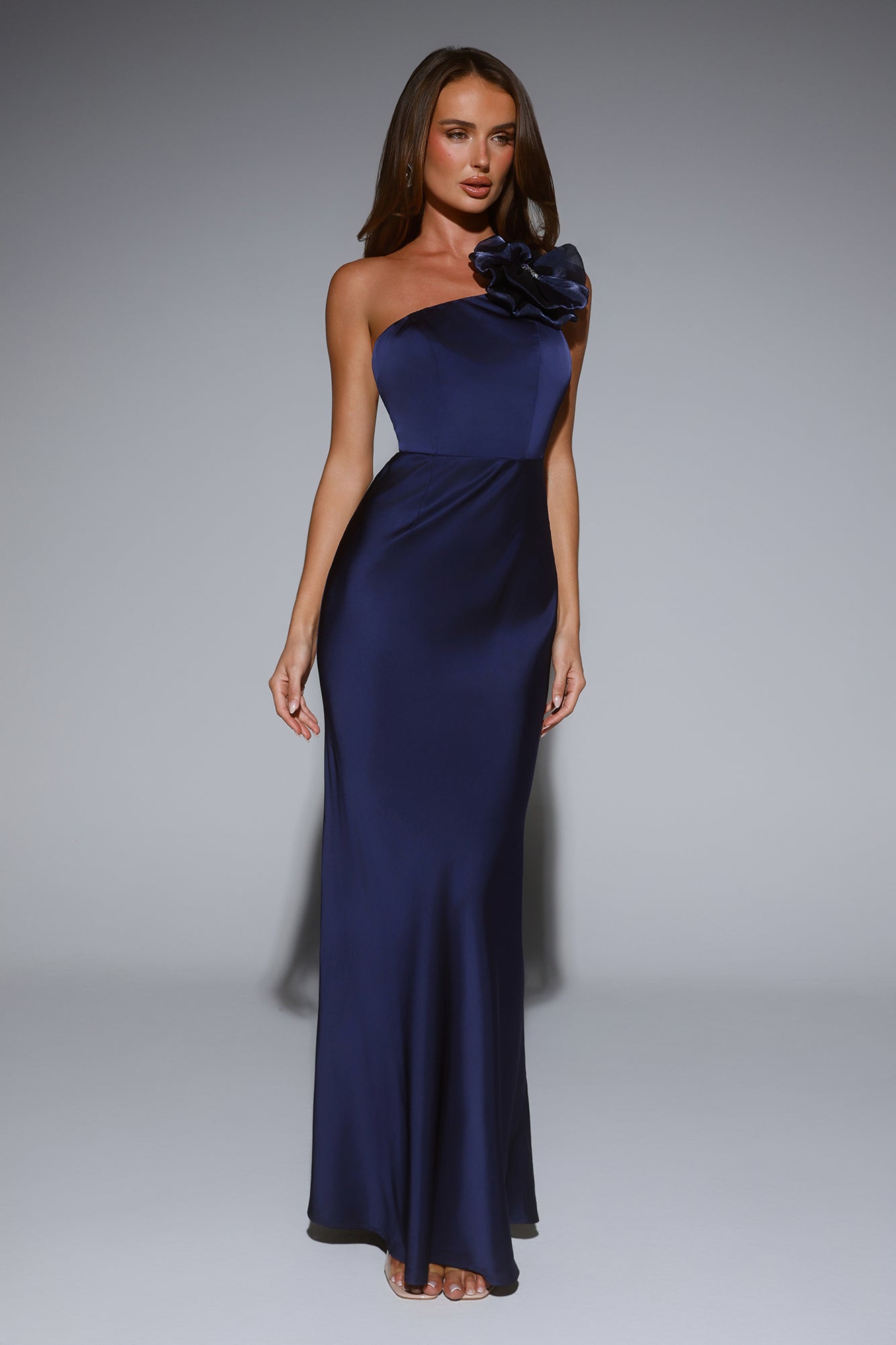 Flowered Opulence One Shoulder Satin Maxi Dress Navy