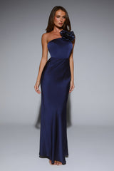 Flowered Opulence One Shoulder Satin Maxi Dress Navy