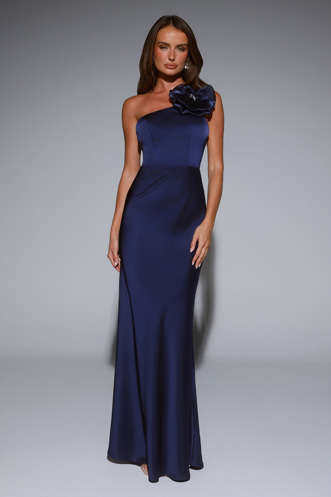 Flowered Opulence One Shoulder Satin Maxi Dress Navy