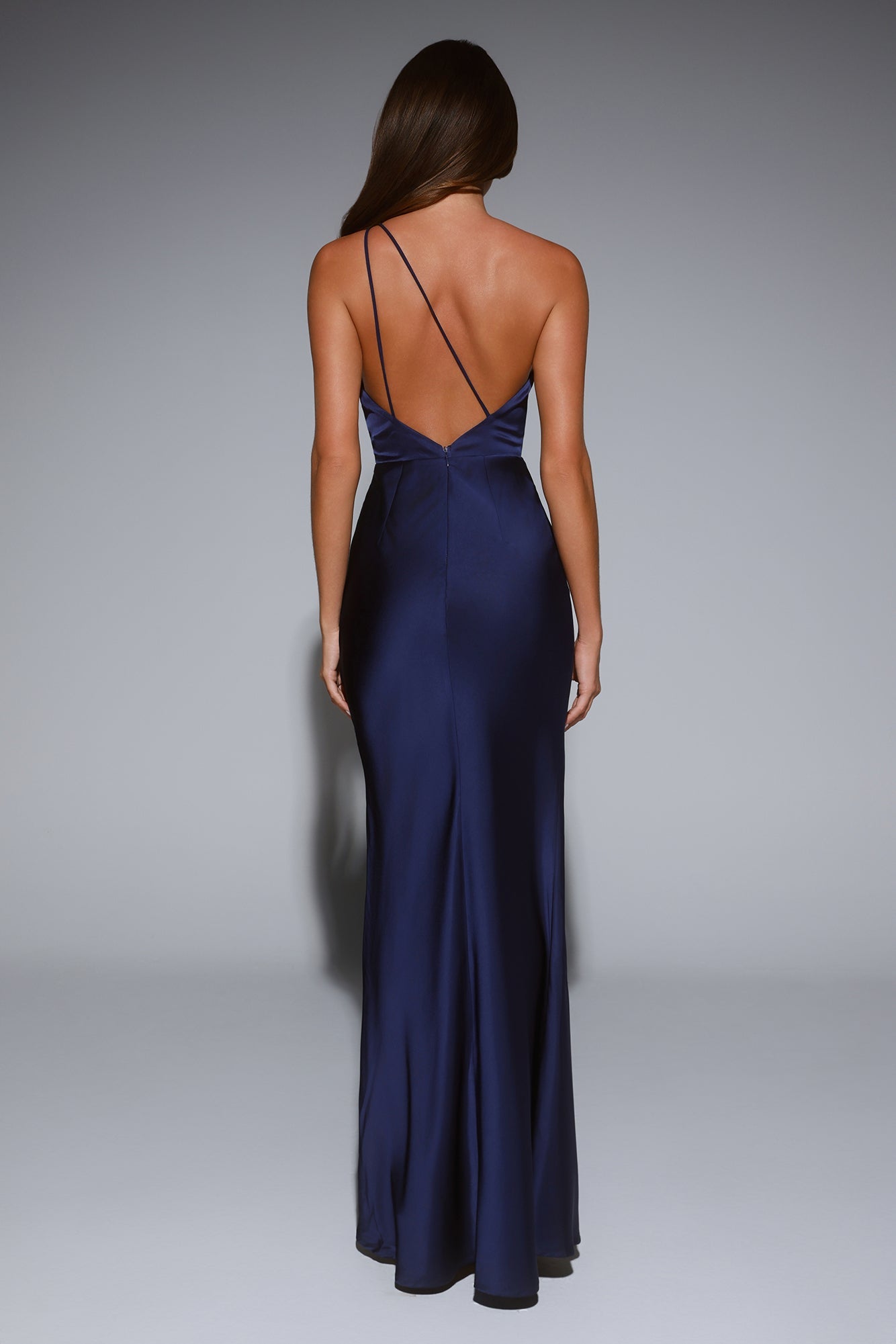 Flowered Opulence One Shoulder Satin Maxi Dress Navy