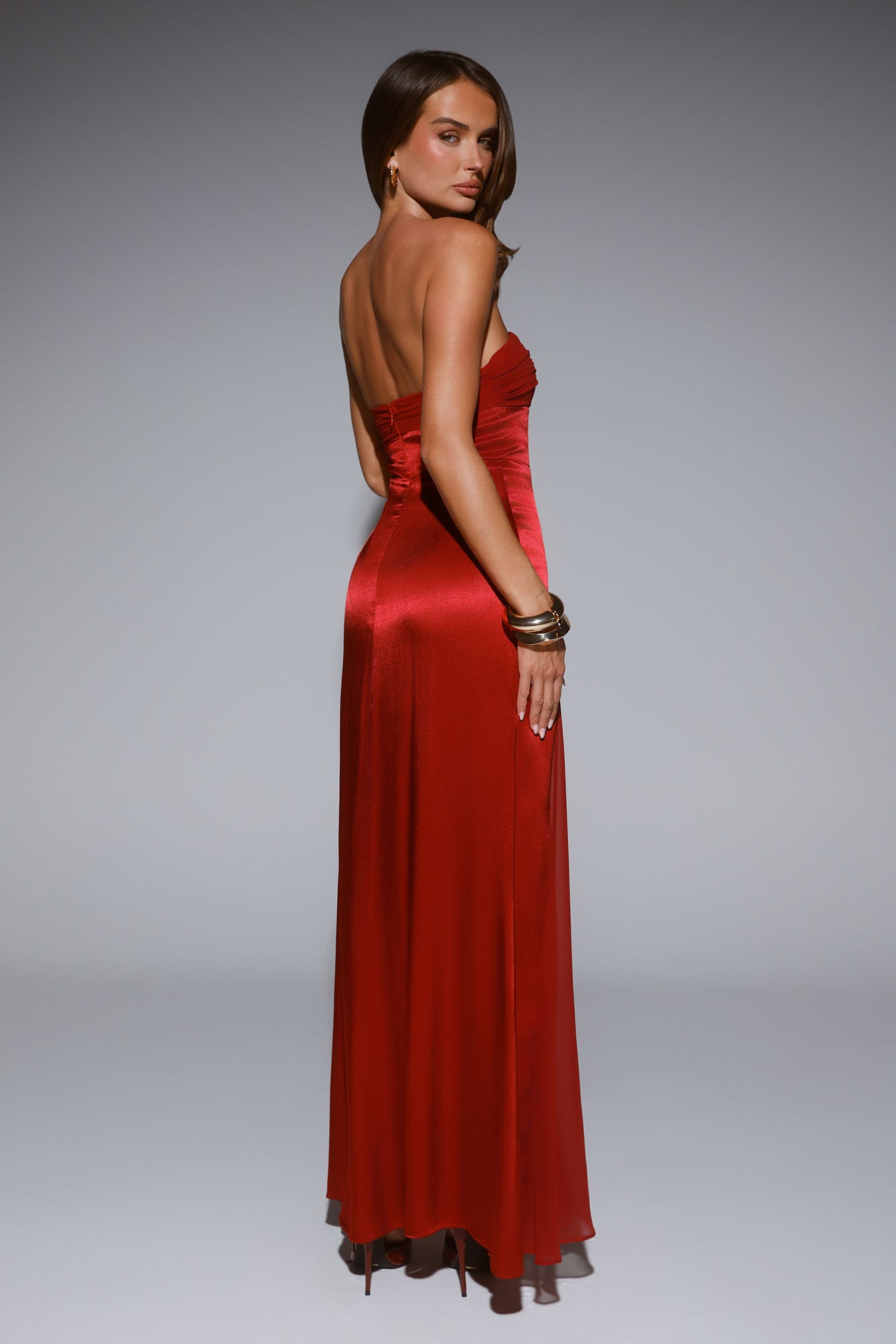 Statement Shine Strapless Satin Maxi Dress Red