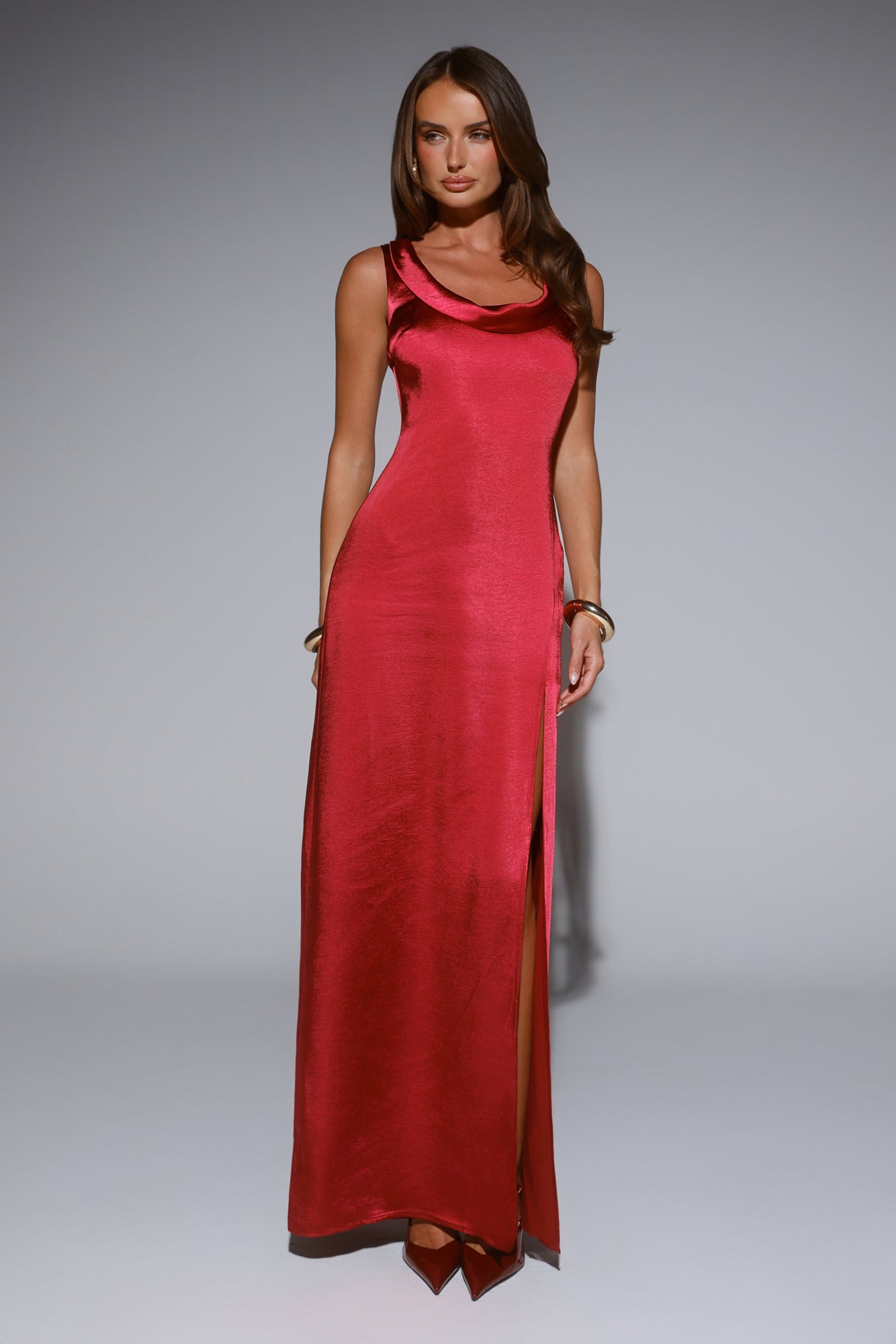 Stylish Slip Satin Maxi Dress Wine