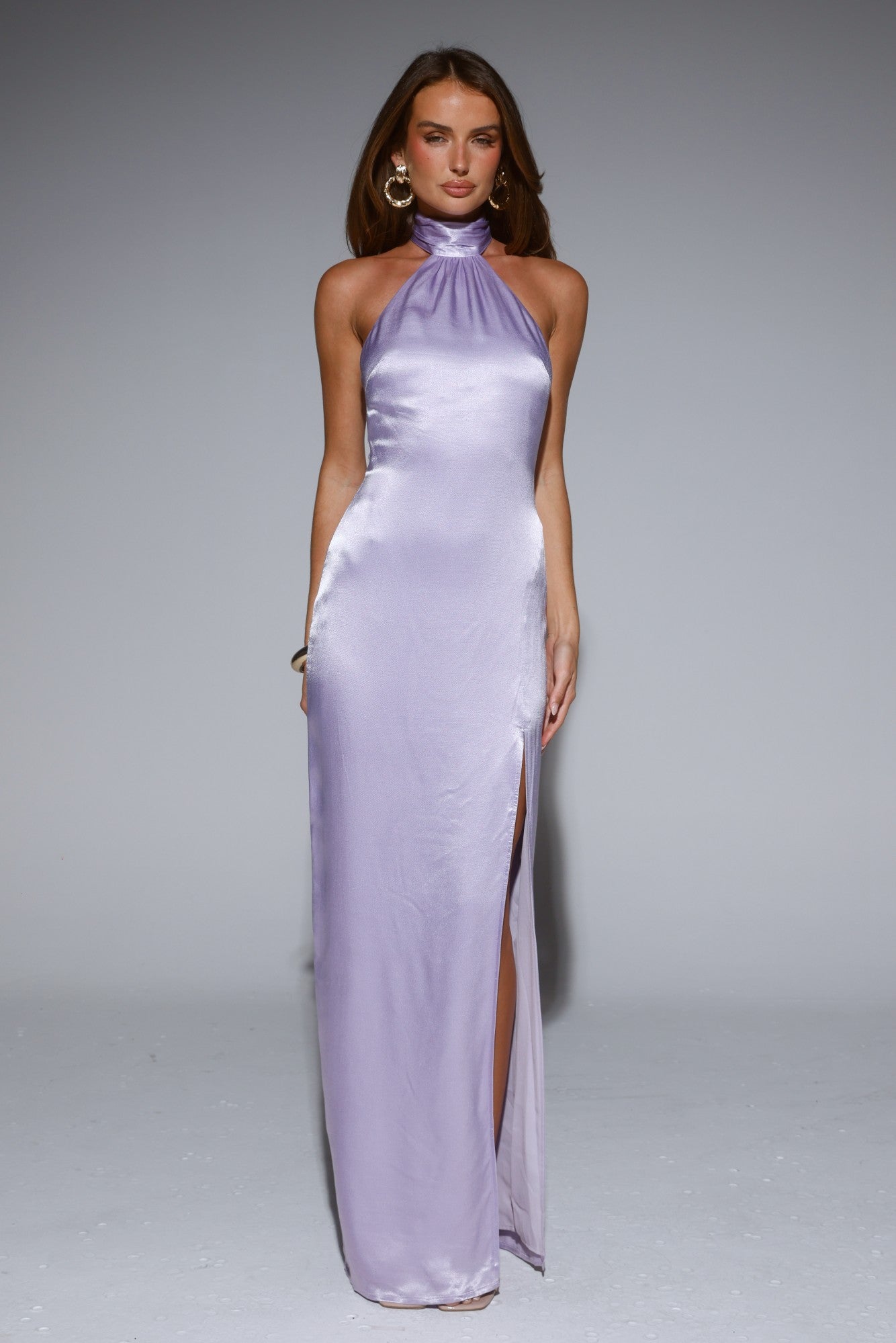 Effortless Luxe Halter Satin Maxi Dress Lilac