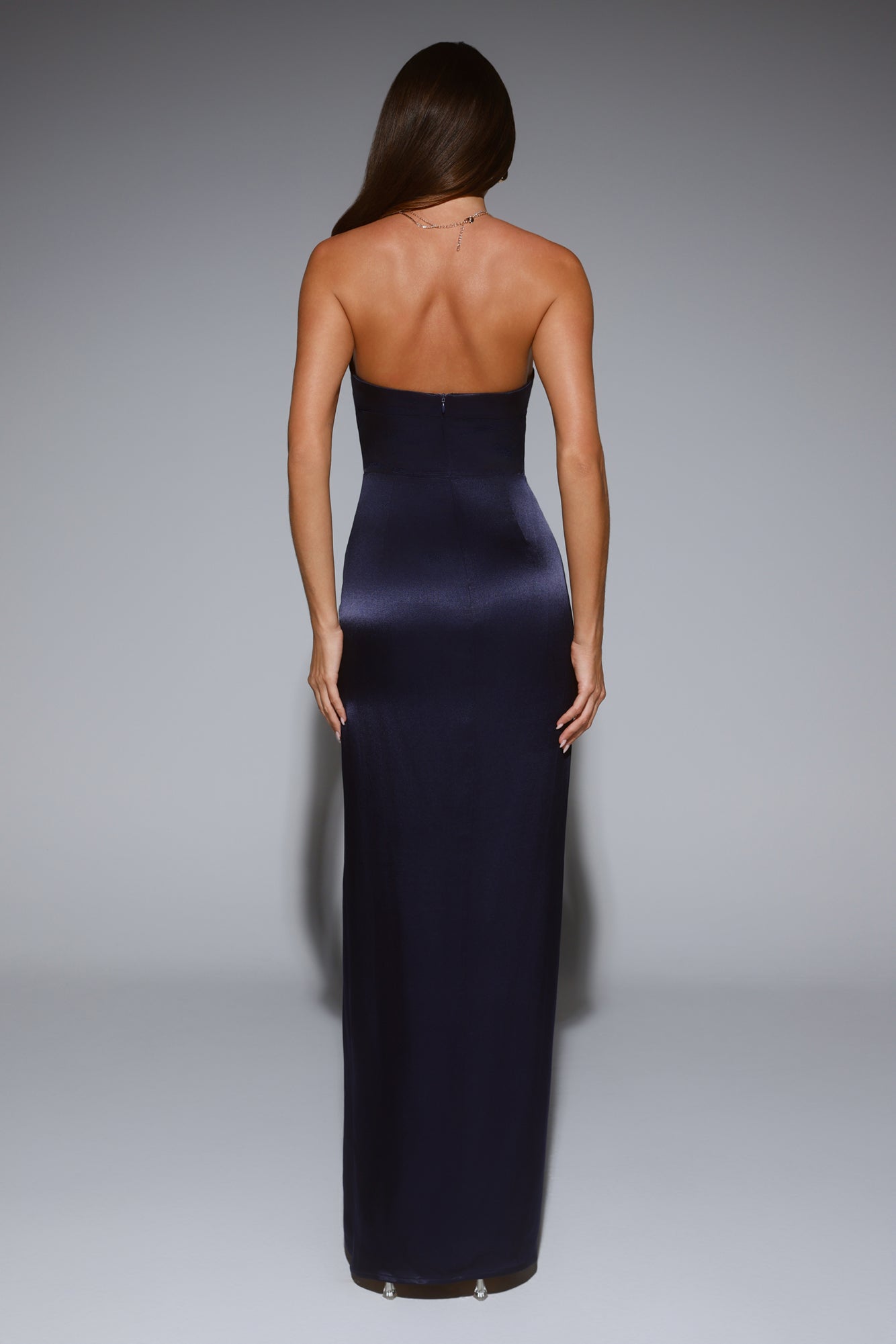 Sleek Aura Strapless Satin Maxi Dress Navy