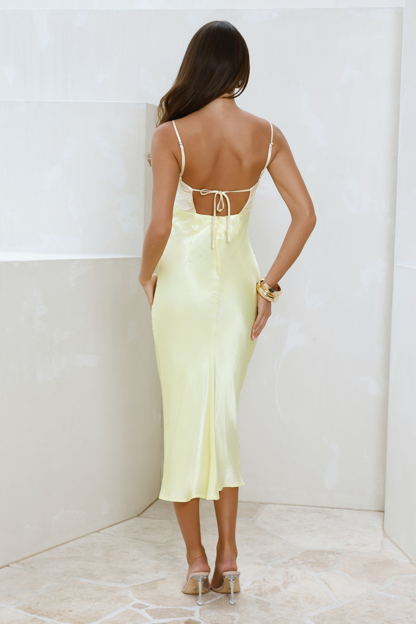 Spellbinding Satin Midi Dress Yellow