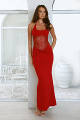 Feel Indulgent Lace Halter Maxi Dress Red