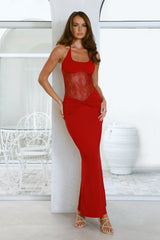 Feel Indulgent Lace Halter Maxi Dress Red
