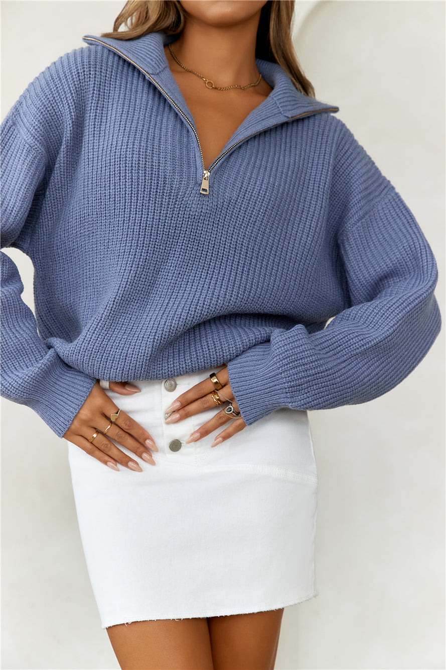 Snowfall Knitted Half Zip Sweater Blue