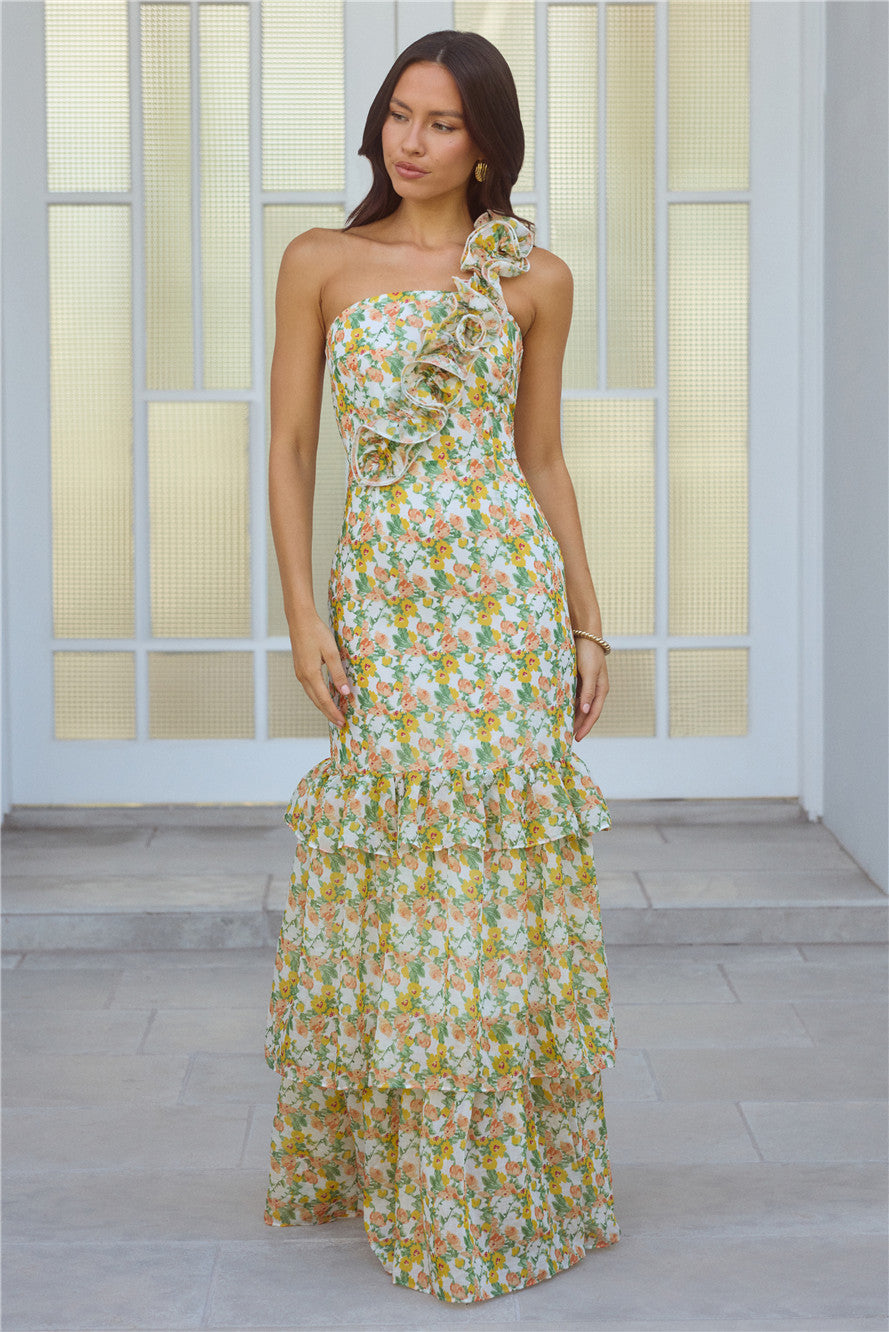 Blooming In Summer One Shoulder Maxi Dress Orange