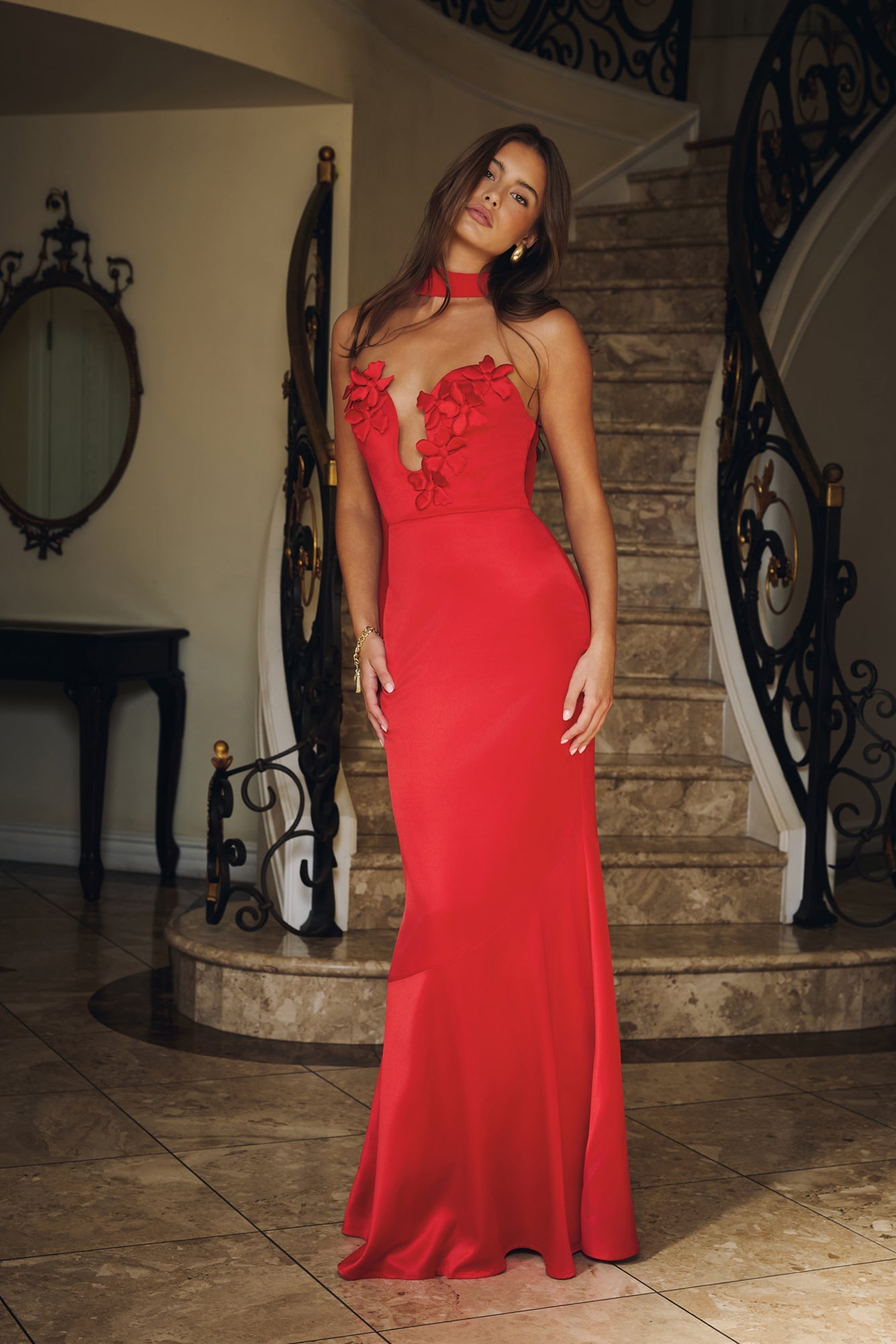 Wild Blossom Dance Strapless Satin Maxi Dress Red