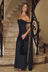 Luxe Lady Satin Off Shoulder Maxi Dress Black