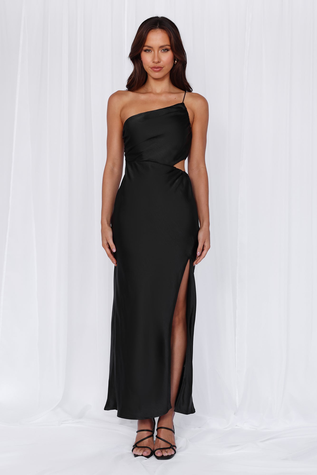 HELLO MOLLY The Opal One Shoulder Satin Maxi Dress Black