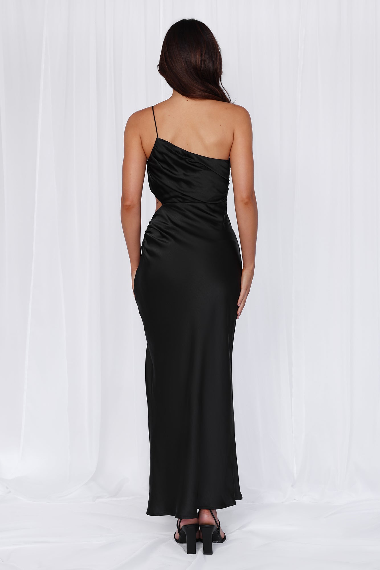 HELLO MOLLY The Opal One Shoulder Satin Maxi Dress Black