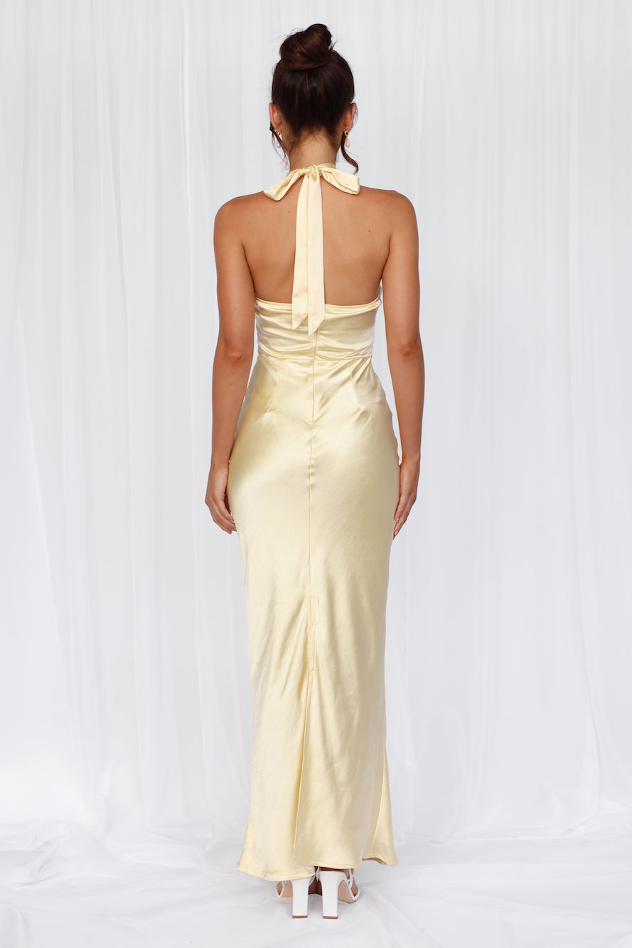 The Cleo Halter Satin Maxi Dress Yellow
