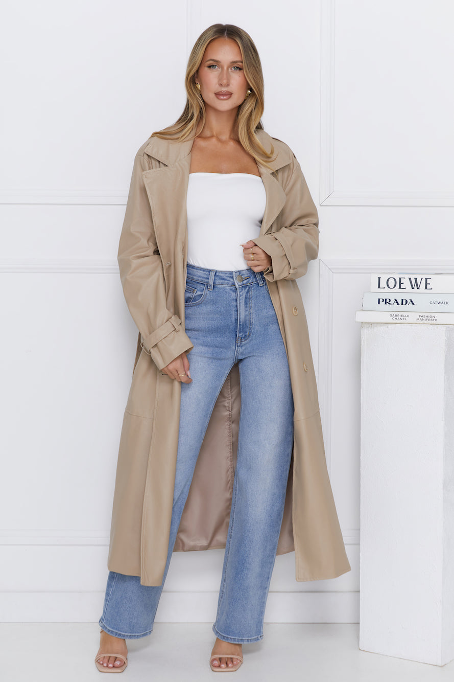 Subtle Sophistication Faux Leather Trench Coat Beige