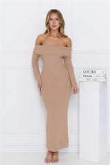 Snow Falling Off Shoulder Long Sleeve Knit Maxi Dress Mocha