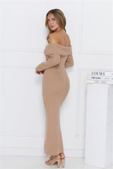 Snow Falling Off Shoulder Long Sleeve Knit Maxi Dress Mocha