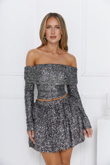 Shiny Side Off Shoulder Sequin Long Sleeve Top Gunmetal