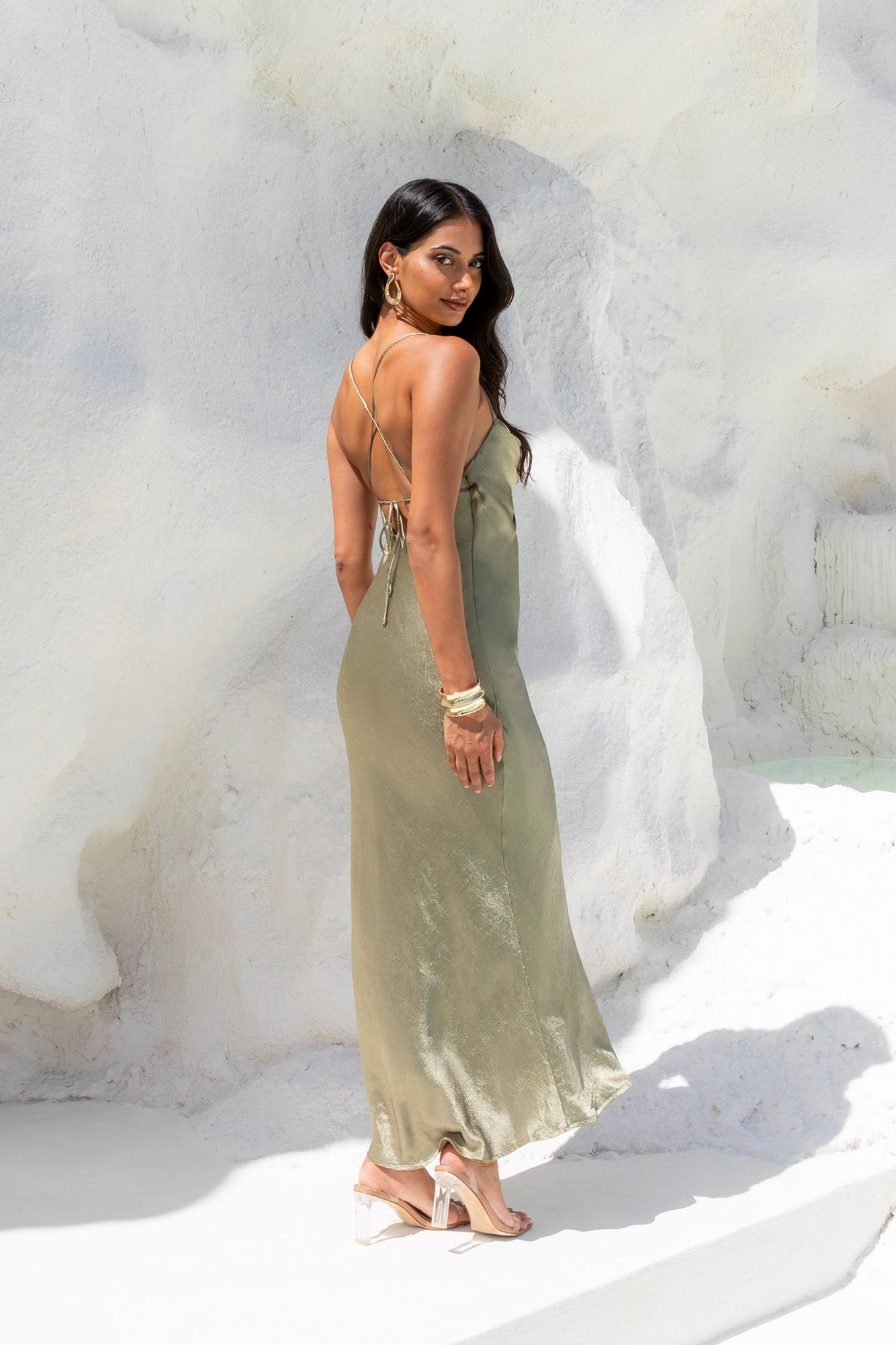 NYC Nightlife Satin Maxi Dress Khaki