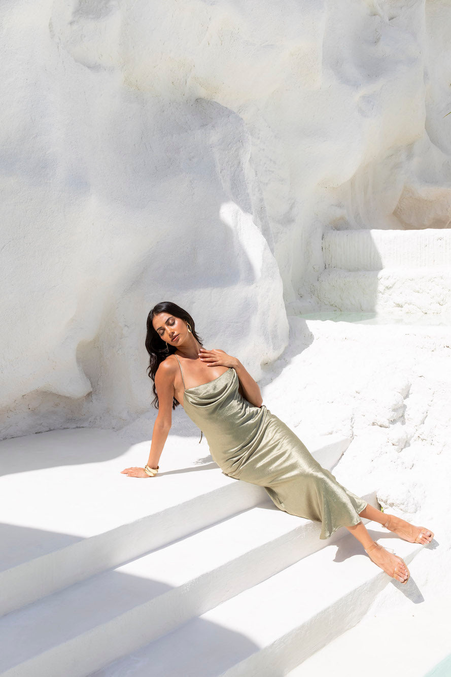 NYC Nightlife Satin Maxi Dress Khaki