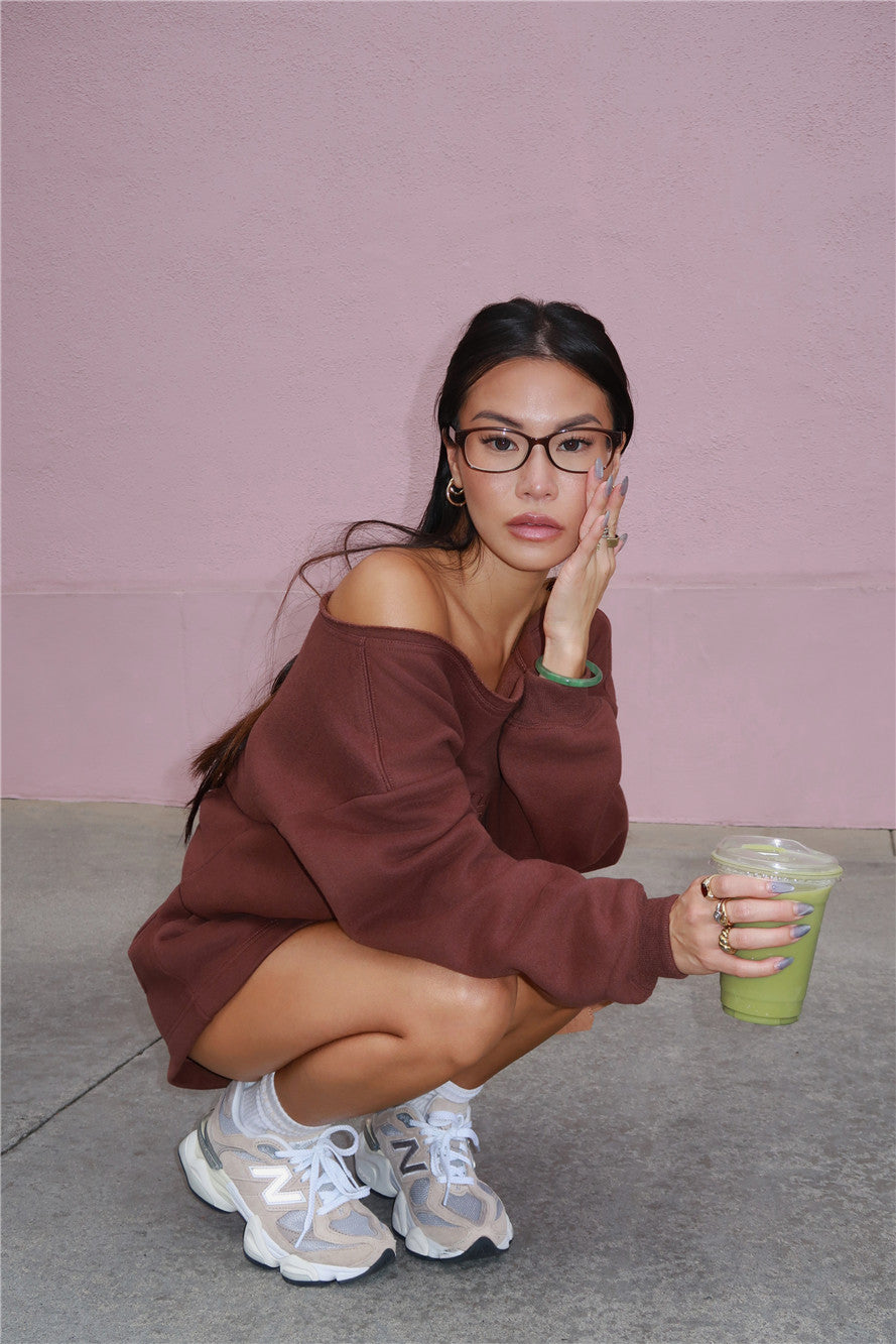 BASE Fleece Off Shoulder Sweatshirt Brown