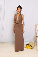 Silk Essence Halter Maxi Dress Brown