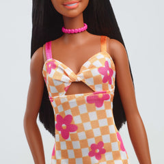 Barbie Fashionistas Doll #233 in Checkered Flower Midi Dress, Black Hair