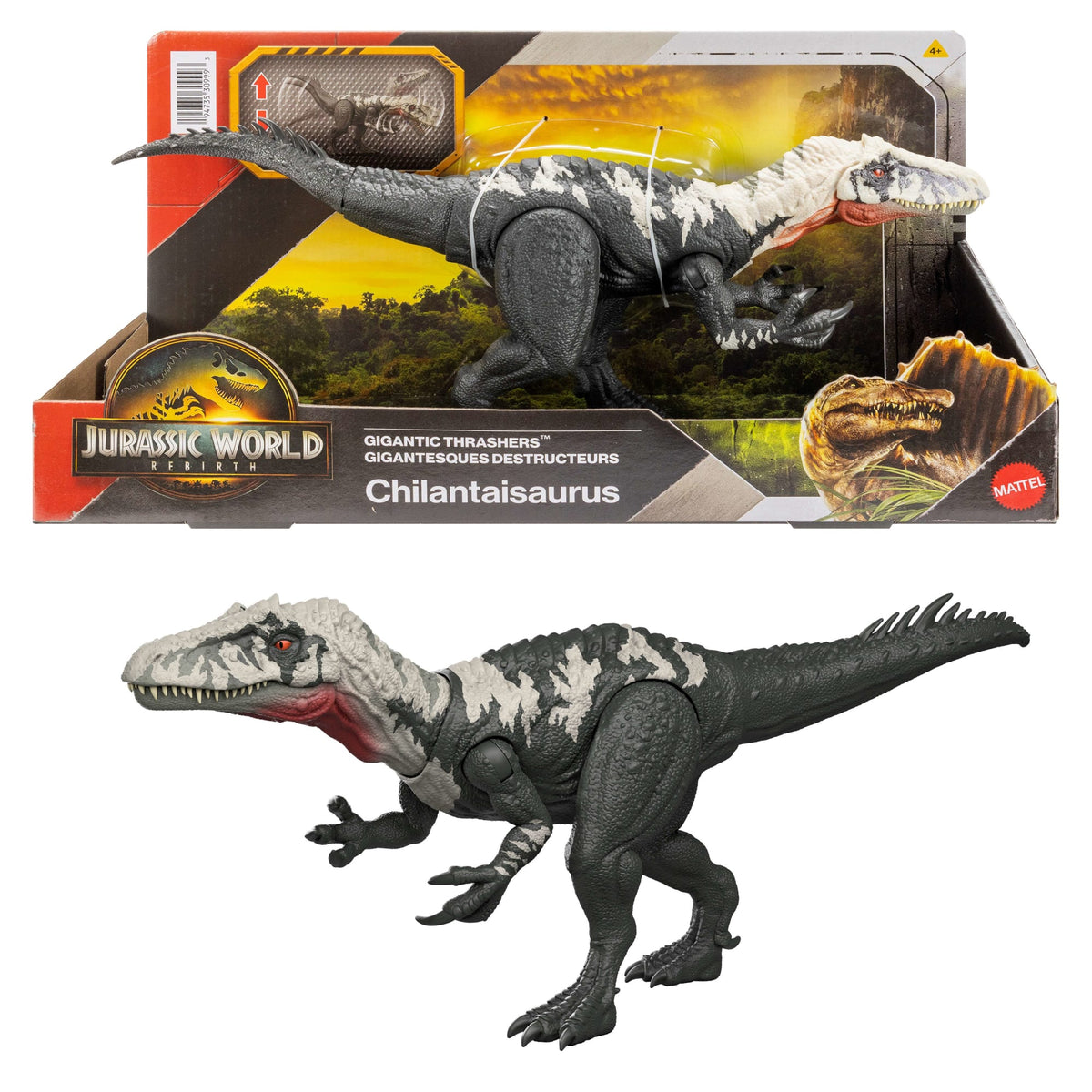 Jurassic World Rebirth Gigantic Thrashers Chilantalsaurus Dinosaur Figure Toy, Dual Attack