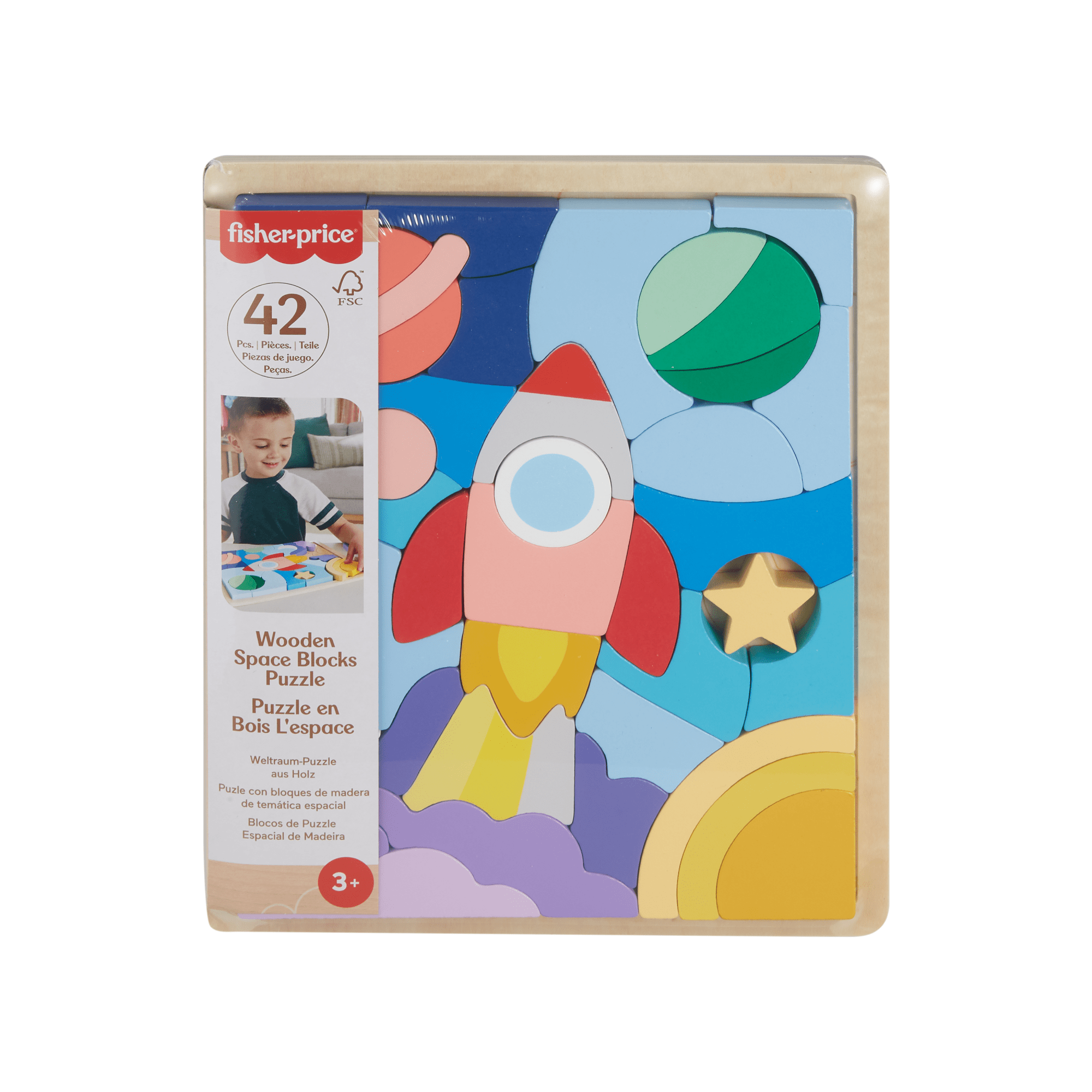 Fisher-Price Wooden Space Blocks Puzzle For Preschool Kids, 42 Wood Pieces