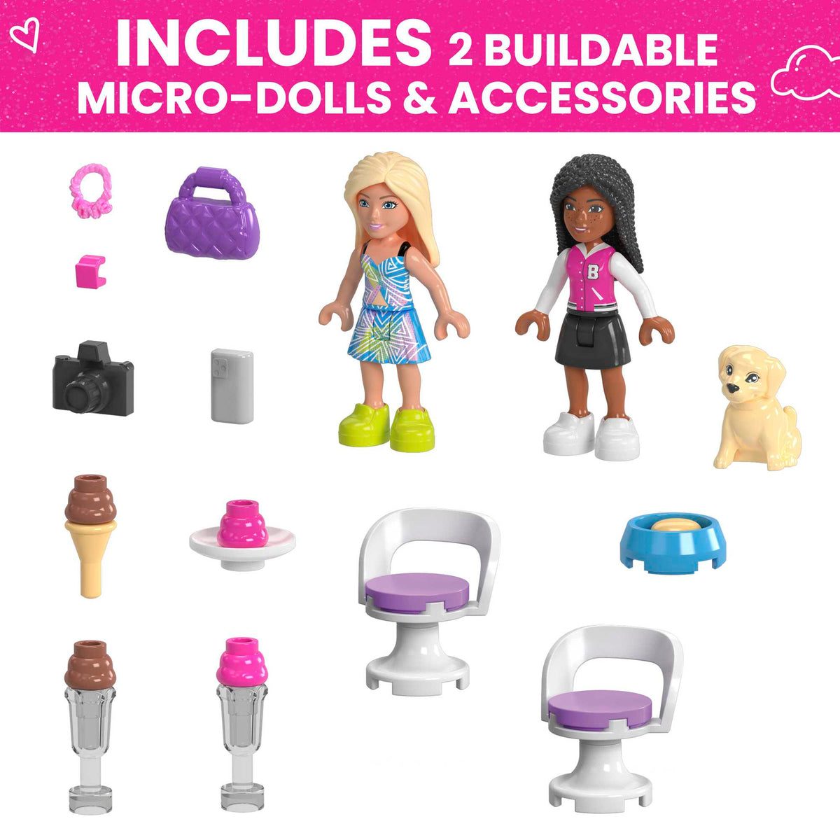 MEGA Barbie Convertible & Ice Cream Stand Building Toy Kit With 2 Micro-Dolls (225 Pieces)