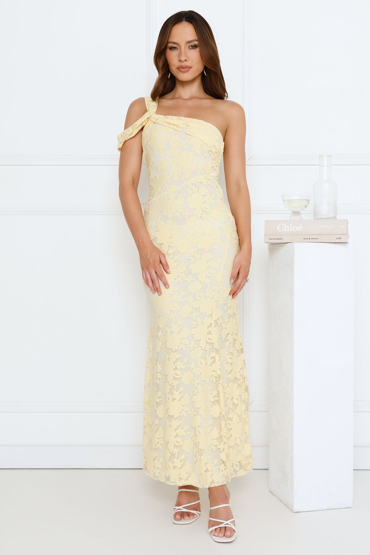 Velour Glow One Shoulder Maxi Dress Yellow
