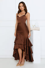 Formal Whimsy Satin Maxi Dress Brown