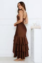Formal Whimsy Satin Maxi Dress Brown