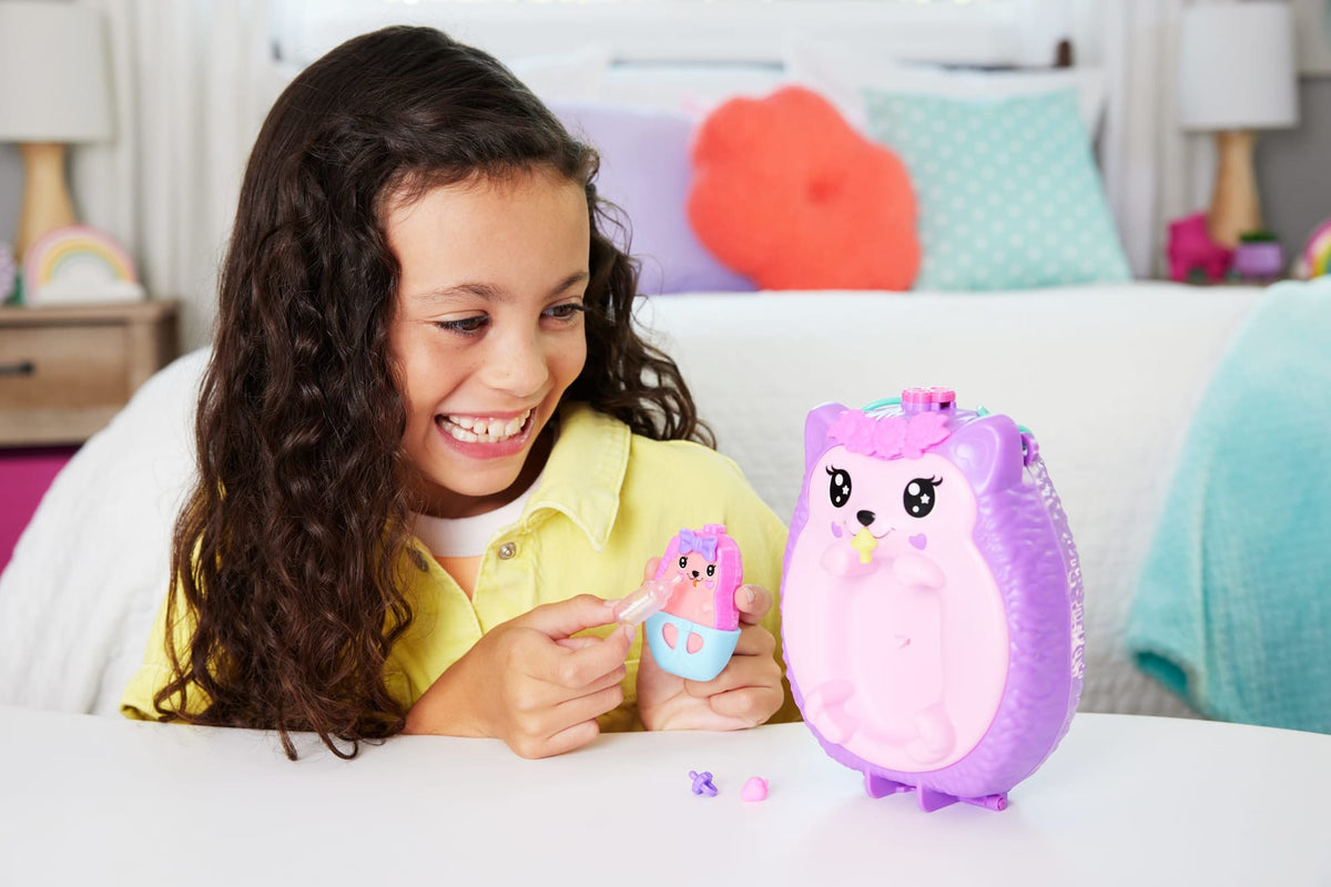Polly Pocket Hedgehog Mom & Baby Purse Playset With 2 Dolls & 16 Accessories including Pets