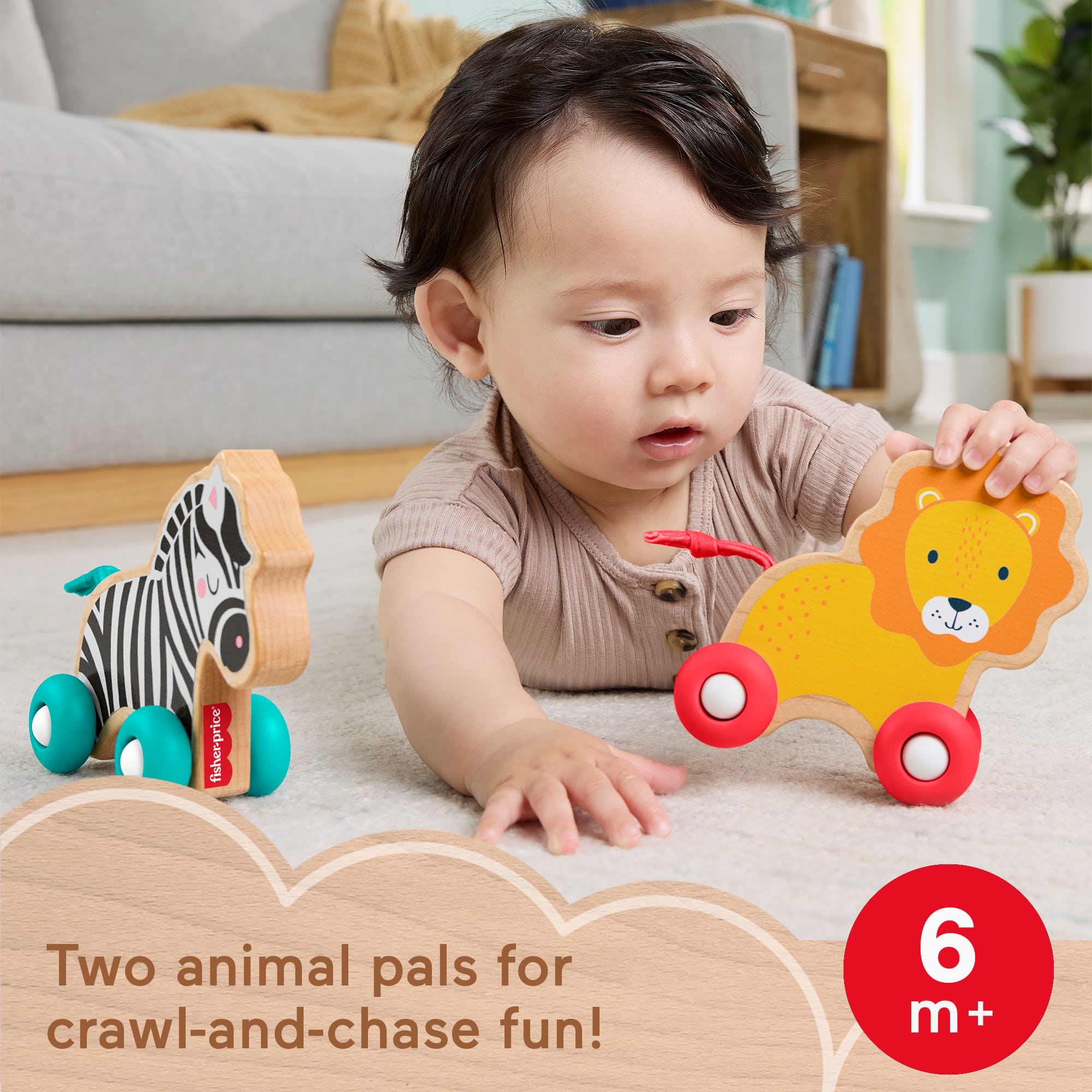Fisher-Price Wooden Push Along Animals, Lion & Zebra Toy Vehicles For Baby Crawling Play
